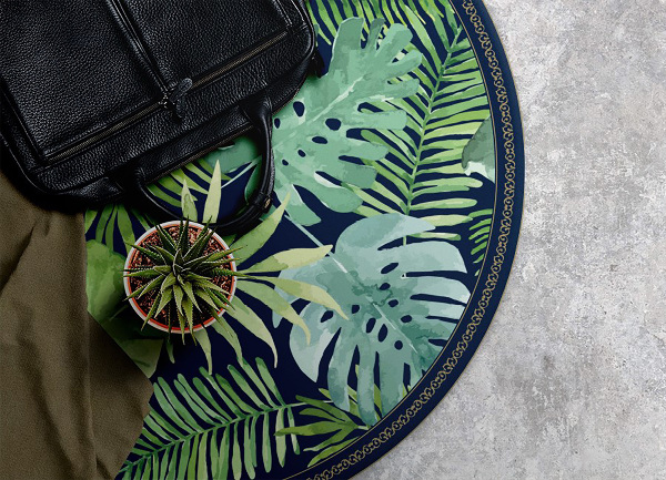 Tapis vinyle rond feuilles tropicales