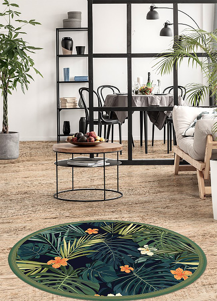 Tapis vinyle rond feuilles tropicales